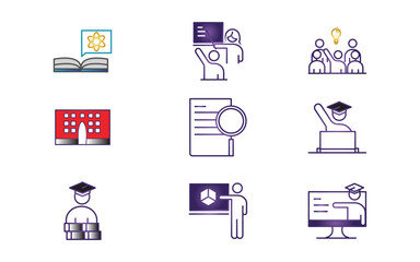 Education and Learning Vector Icon Set – School, Teaching, Research, Graduation, Online Learning