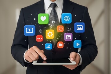 Businessman uses tablet interacting with colorful social media and app icons floating digitally