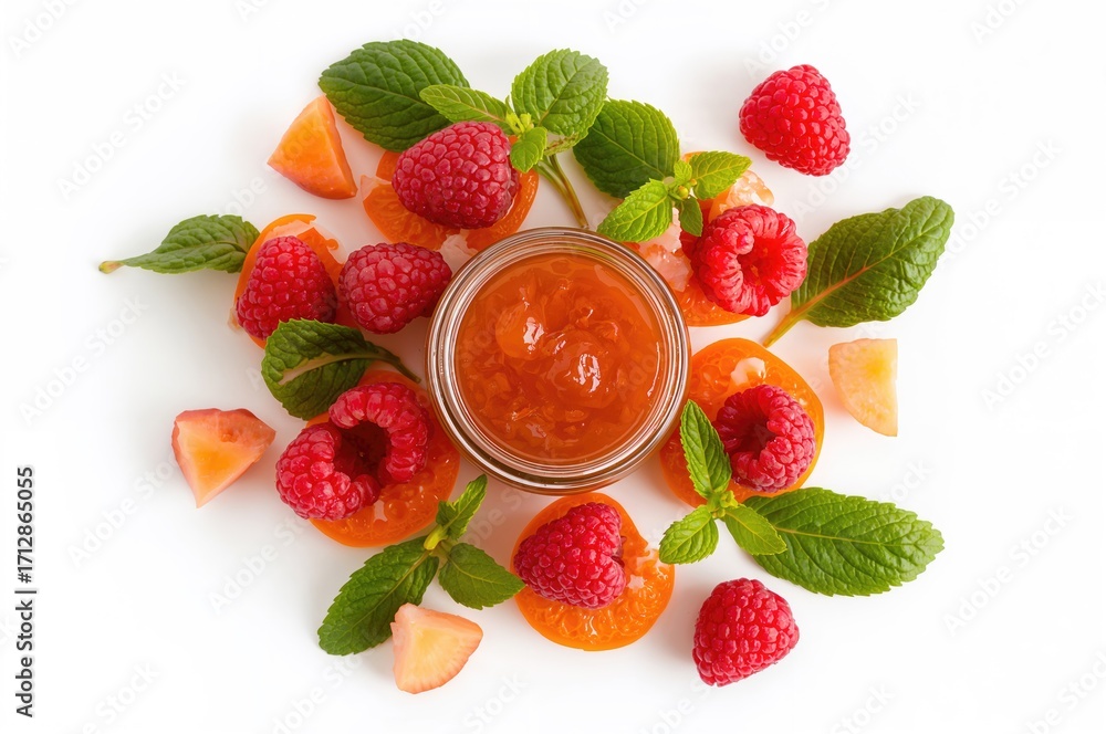 Poster creative arrangement of apricot and raspberry preserves on a white backdrop. concept focused on nutr