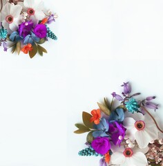 Flowers composition. Frame made of flowers on white background. Flat lay, top view, copy space