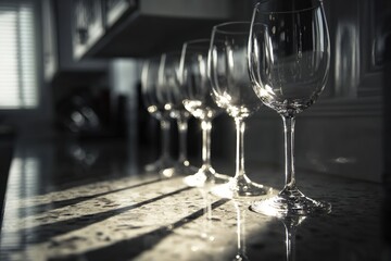 Pristine wine glasses lined up on a granite countertop with sharp reflections and dramatic lighting from a nearby window