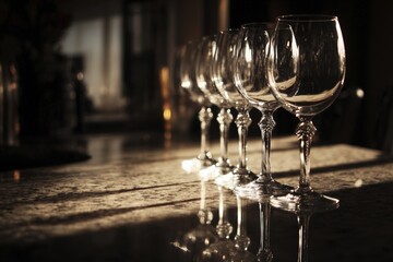Elegant row of empty wine glasses aligned on a reflective surface with warm ambient light creating a soft, moody atmosphere