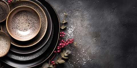 Top view of stacked ceramic dishes with speckled glaze on a dark textured surface decorated with red berries and copy space