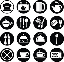 Collection of black and white circular food and drink icons featuring restaurant kitchen utensils cafe items and beverage symbols
