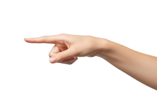 Pristine caucasian woman's hand with natural nails, index finger pointing forward, on a transparent background with copy space, studio shot, concept of direction and instruction