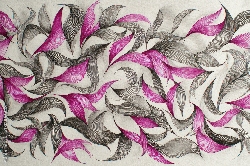 Poster vibrant leaves in pink and gray hues intertwine on a textured surface, creating an energetic and flo