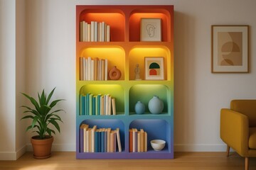 Bookshelf with rainbow-gradient niches and hidden lighting