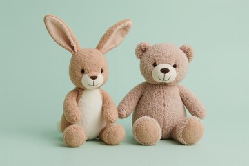Fototapeta premium Stuffed bunny and teddy bear on a calm backdrop