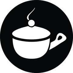 Obraz premium Simple white coffee cup with steam in a black circle icon symbol representing beverage and warmth