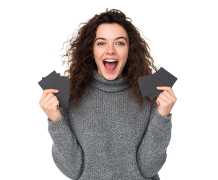 Excited woman holding cards, expressing joy and surprise with an open mouth.