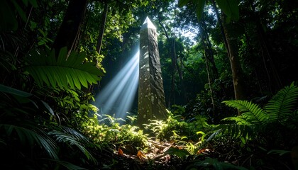 Sun Rays Shining on Obelisk in Lush Green Forest
