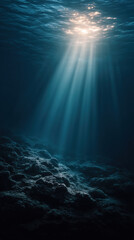Ethereal Light Rays Illuminating Underwater Scene in Deep Blue Ocean