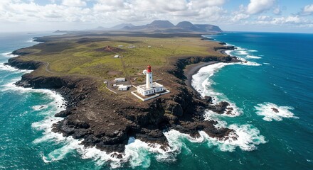 A high-altitude, full shot of a dramatic volcanic coastline with a lighthouse, turquoise ocean waves, and a verdant island landscape.