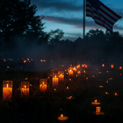 Obraz premium Veterans Day memorial scene at dusk with softly glowing candles, subtle American flag elements, and curling evening mist. Digital painting with warm candlelight and cool twilight tones.
