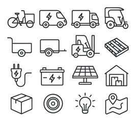 Urban transport icons: electric vehicles, solar panels, and cargo solutions