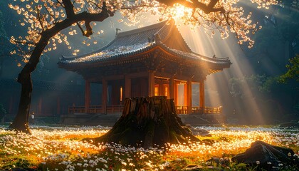 Sun Rays Streaming Through Traditional Building with Blossom Tree