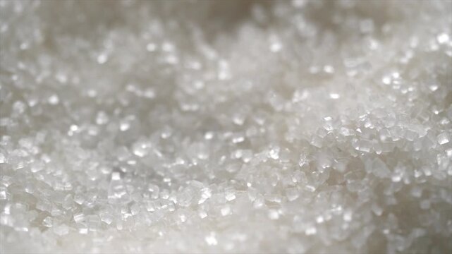 Macro video of sugar particles. close up texture of white sugar.