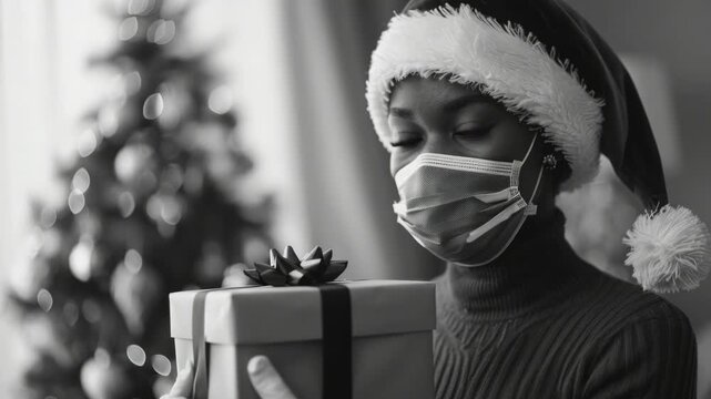 A woman giving a Christmas present wearing a mask to protect the recipient from germs during the holiday season.