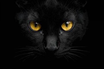 Close-up view of a dark feline with glowing yellow eyes against a shadowy backdrop. Spooky vibes and Halloween theme. Panther-like gaze and mystical witch eyes. Symbolism of misfortune and