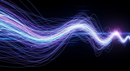 Dynamic abstract energy flow of vibrant blue and purple light strands pulsing with digital data streams against a dark background, representing innovation and connectivity
