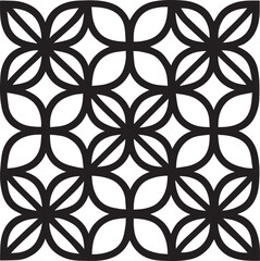 Geometric seamless pattern of interlocking circles and squares creating a repeating floral or star motif in black and white