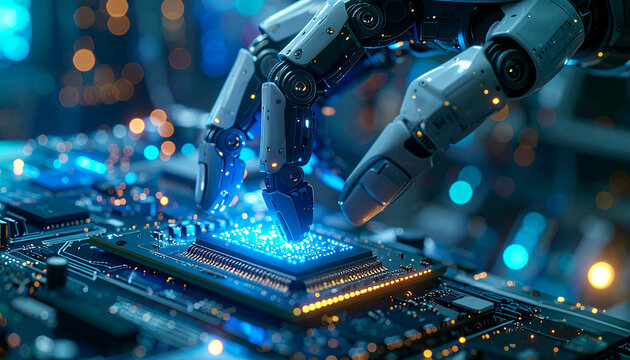 Robot's Touch on Circuitry: A futuristic close-up showcases a robotic hand delicately interacting with a complex circuit board.