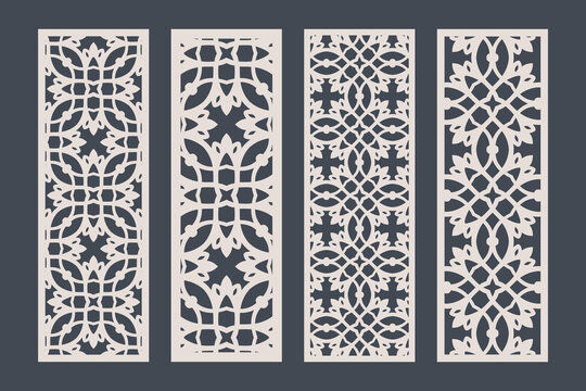 Laser cut panel vector set long panels 3x1 with arabesque and geometric lattice motifs for decorative screens