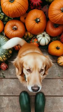 Top-down video angle capturing a golden retriever surrounded by pumpkins, evoking a cozy autumn vibe with vibrant colors and seasonal charm. Live mobile wallpaper.