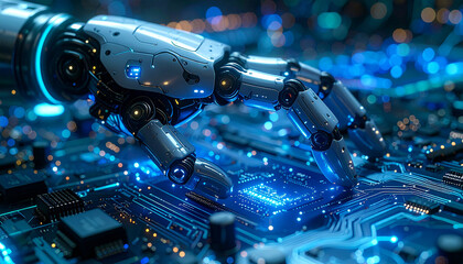 Cybernetic Touch: An advanced, futuristic robotic hand interacts with a complex circuit board, highlighted by cool blue hues of technology.