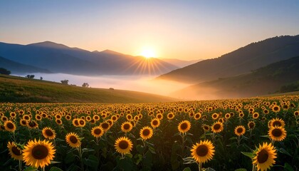 Sunflower Field at Sunrise with Fog Rolling Through Mountains