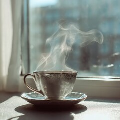 Elegant porcelain teacup with rising steam on a saucer by the window in soft daylight creating a calm and cozy atmosphere