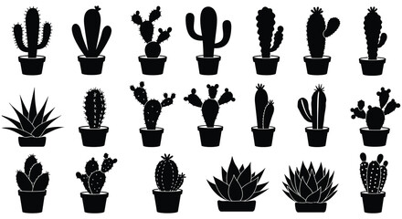 Collection of various black silhouette cactus plants in simple potted designs