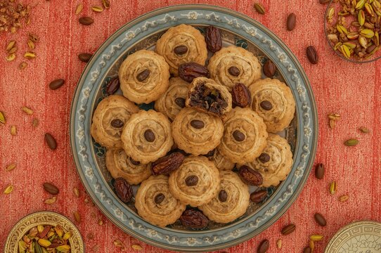 Traditional Arabic Maamoul Cookies Stuffed with Dates, Pistachios, and Walnuts - Overhead Shot