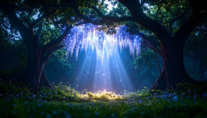 Sunlight Streaming Through Forest Canopy with Flowers Below