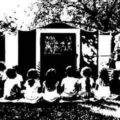 Children Watching a Puppet Show in a Black and White Outdoor Setting.