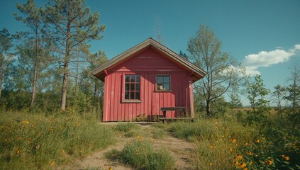 Traditional outdoor sauna structure with natural red ocher paint on its exterior.