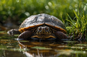 Fototapeta premium Turtle climbing out of water onto the greenery