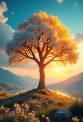 Illustration of Serene Sunset A Solitary Tree at Golden Hour