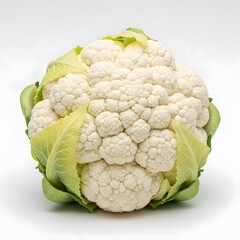 Closeup of a fresh cauliflower head isolated on white background, showcasing its intricate florets and vibrant green leaves, a healthy vegetable option
