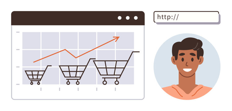 Shopping carts on a growth graph with upward trend lines, browser bar, and user avatar. Ideal for online shopping, e-commerce, analytics, marketing, customer data, growth strategy simple flat