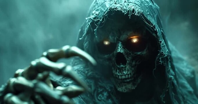A terrifying undead creature, a mummified corpse with glowing eyes and tattered rags, emerging from the mist with a grasping hand 4k video