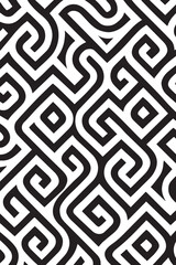 Intricate black and white geometric maze pattern with a textured woven appearance creating a visually complex and captivating abstract background design