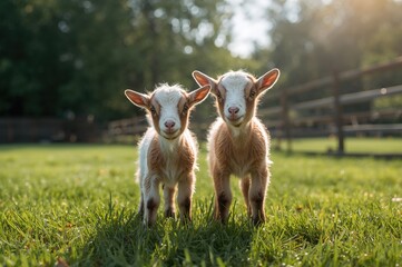 Obraz premium Two youthful goat kids during summertime on a livestock ranch.