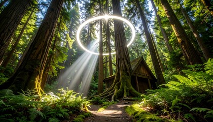 Sunlight Streaming Through Forest Canopy with Ring of Light
