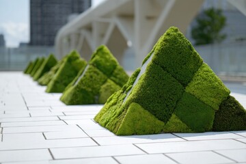 Moss pyramids on a paved urban plaza