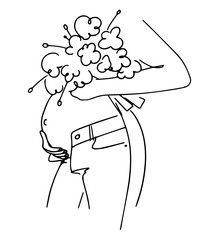 Aesthetic pregnant woman holding a bouquet of flowers minimal linear illustration