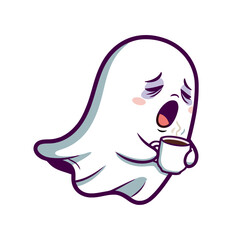 Sleepy Cartoon Ghost Yawning and Holding a Steaming Coffee Cup Vector Illustration