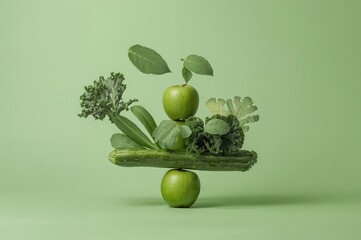 Vibrant fresh produce levitating against a green backdrop. Balanced healthy eating with alkaline diet and smoothie ideas.