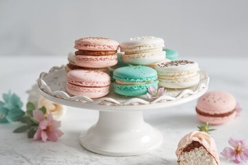Assorted pastel-colored French macarons in shades of pink, blue, and white