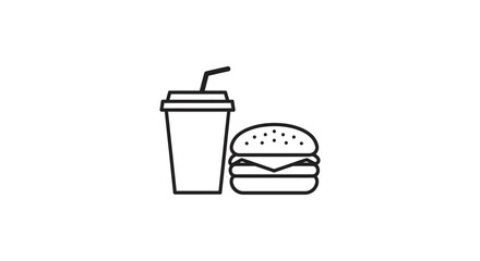 Simple line art illustration depicting a burger and a drink with straw